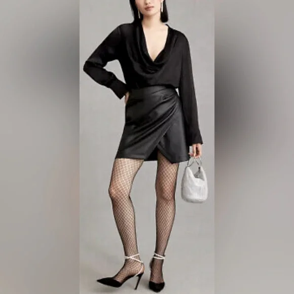 Maeve Anthropologie Black Satin and Vegan Leather Mini Dress. Cowl neck. Size 16 - Picture 1 of 16